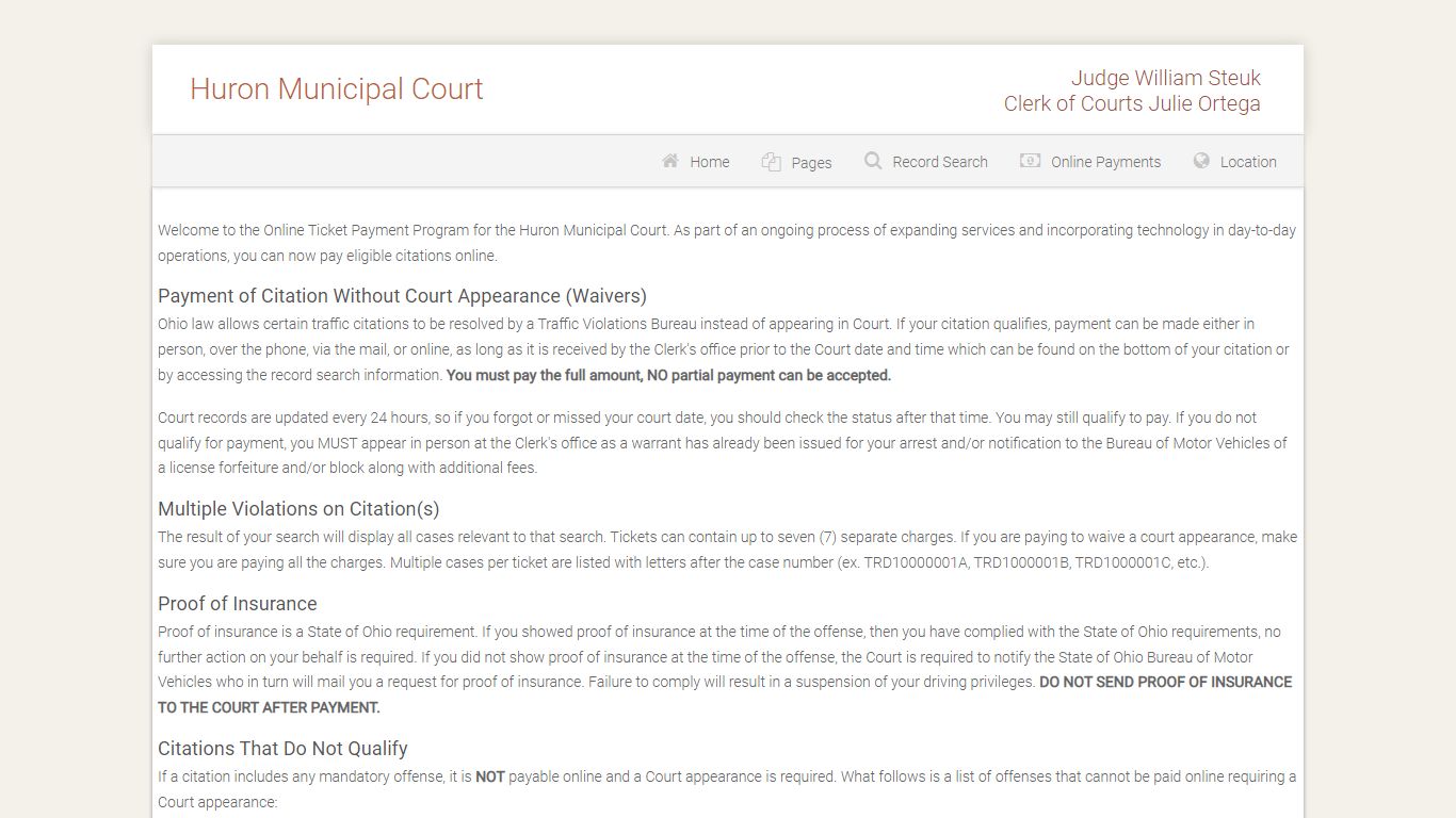 Huron Municipal Court - Online Payments